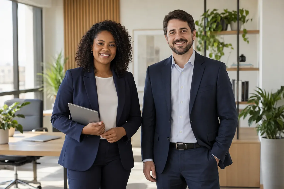 Profissional negra e profissional branco da equipe contábil em uma reunião de trabalho